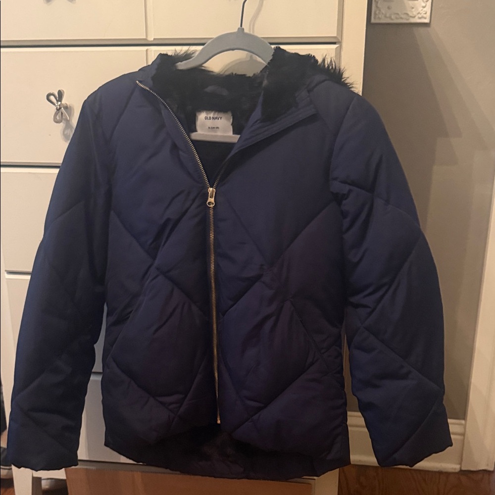 Old Navy Dark Blue Quilted Jacket with Faux Fur Trim